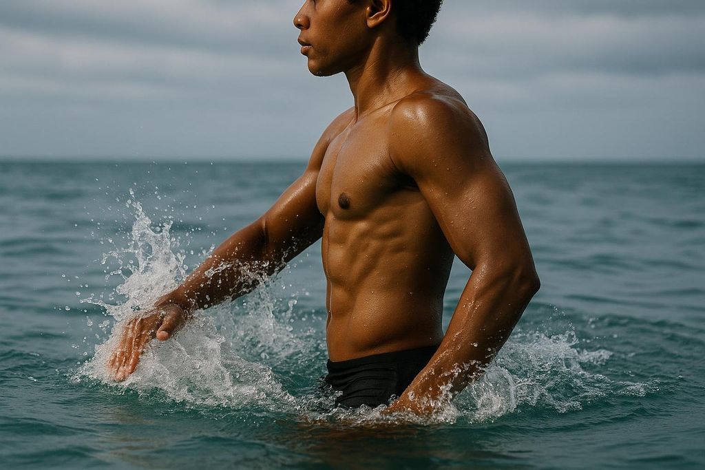 A man with a muscular physique stands waist-deep in water, splashing with his right arm. Drops of water are visible on his skin.