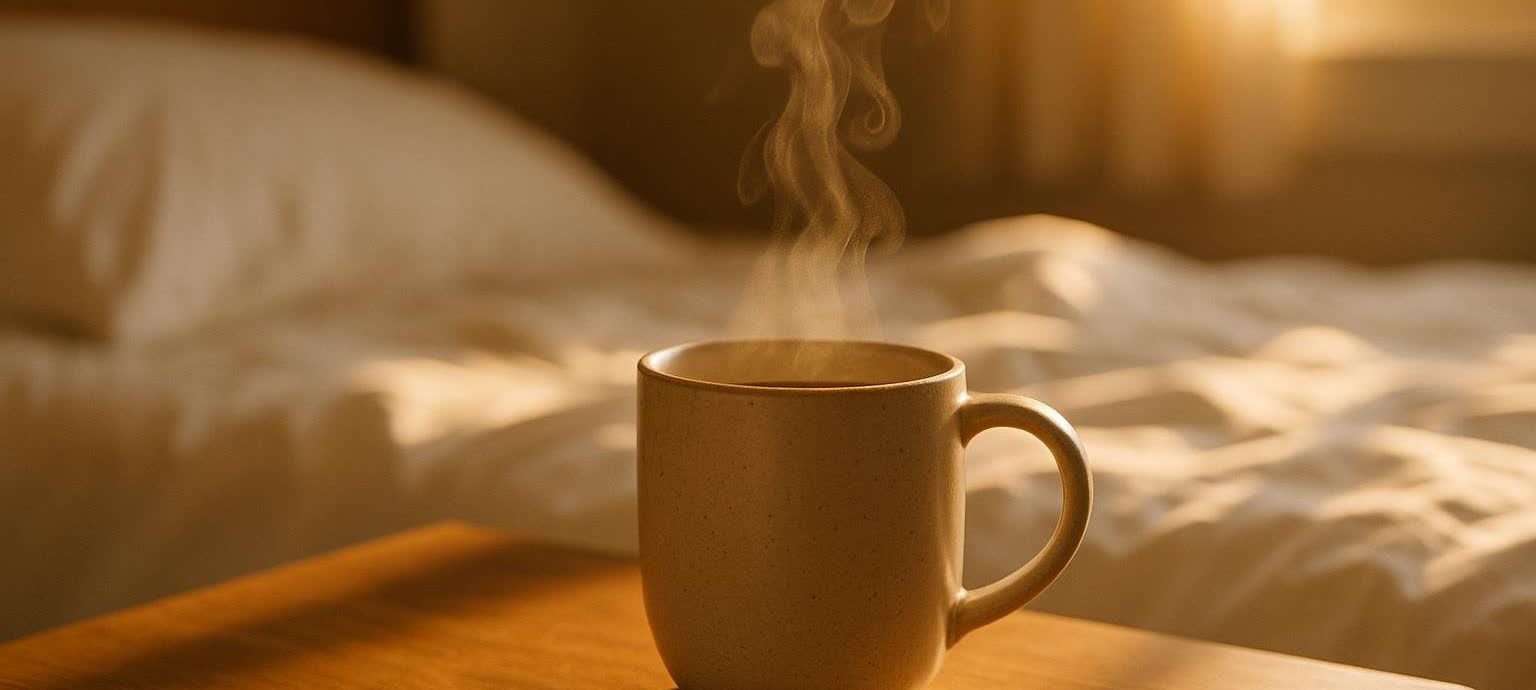 A steaming mug of coffee or tea sits on a wooden bedside table, illuminated by warm morning sunlight that casts soft shadows. A rumpled bed is visible in the blurred background, suggesting a cozy awakening.