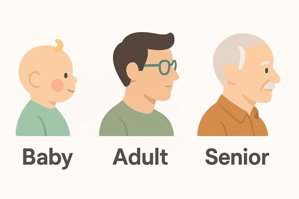 Three icons representing life stages: a smiling baby, a man with glasses representing an adult, and a man with white hair and a mustache representing a senior. Below each icon, the words 'Baby,' 'Adult,' and 'Senior' are displayed.