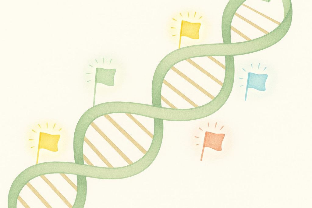 An illustration of DNA strands featuring chemical tags highlighting epigenetics.