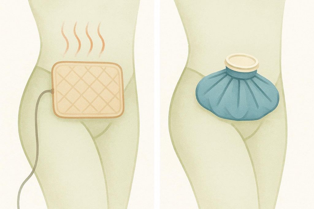 An illustration showing two figures from the waist down, depicting an electric heating pad and an ice bag applied to the hip and groin area for pain relief.