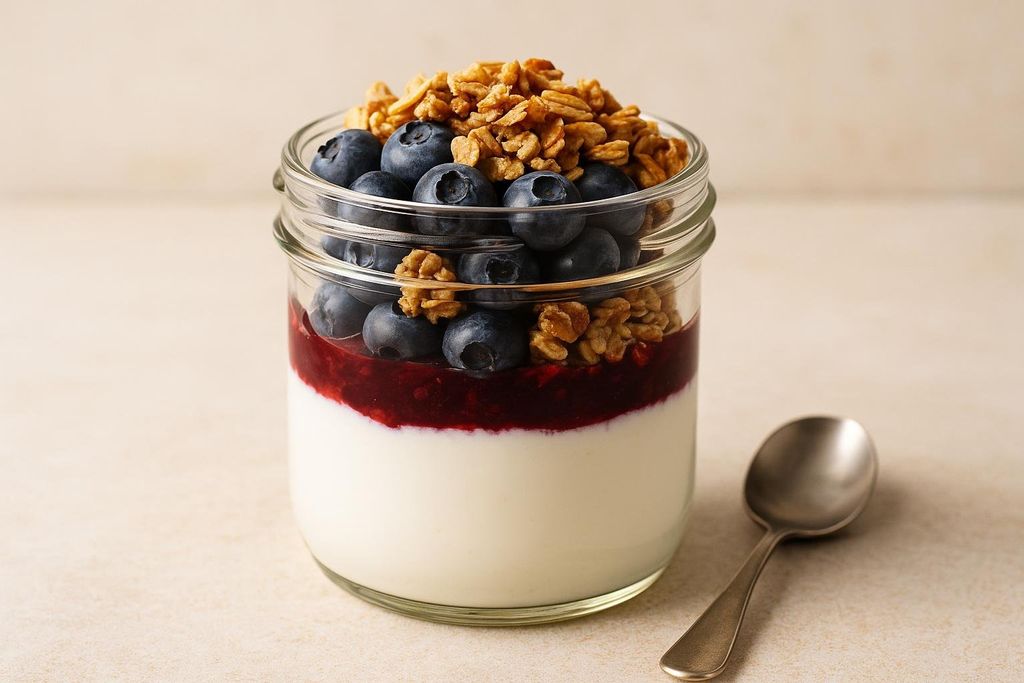 A close-up shot of a healthy yogurt parfait in a clear glass jar, layered with white yogurt, a red berry compote, whole blueberries, and a topping of golden granola. A silver spoon rests next to the jar on a light-colored surface.