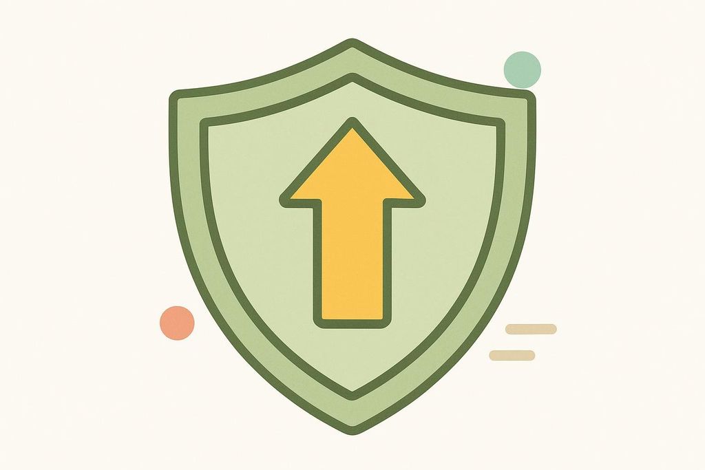 A light green shield with a darker green outline, featuring a yellow upward-pointing arrow in the center. The background is off-white with a small orange circle on the left and a small teal circle and two horizontal lines on the right.