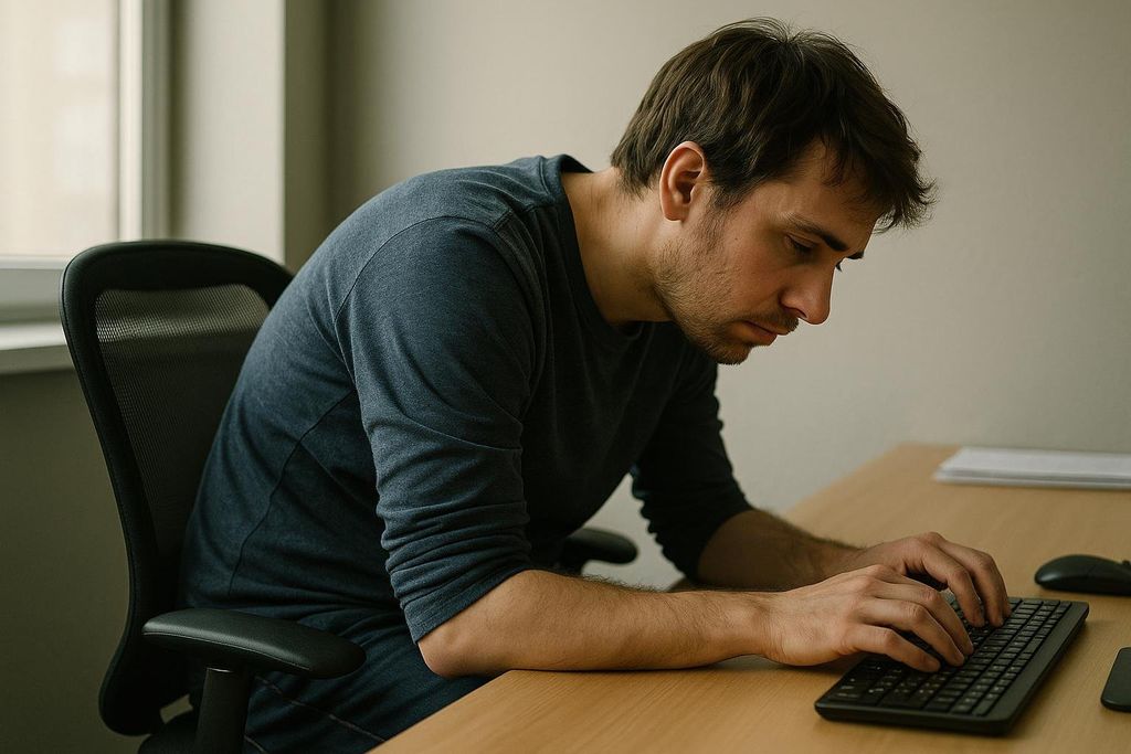 A man sitting at a desk with poor posture, hunched over his keyboard and typing.