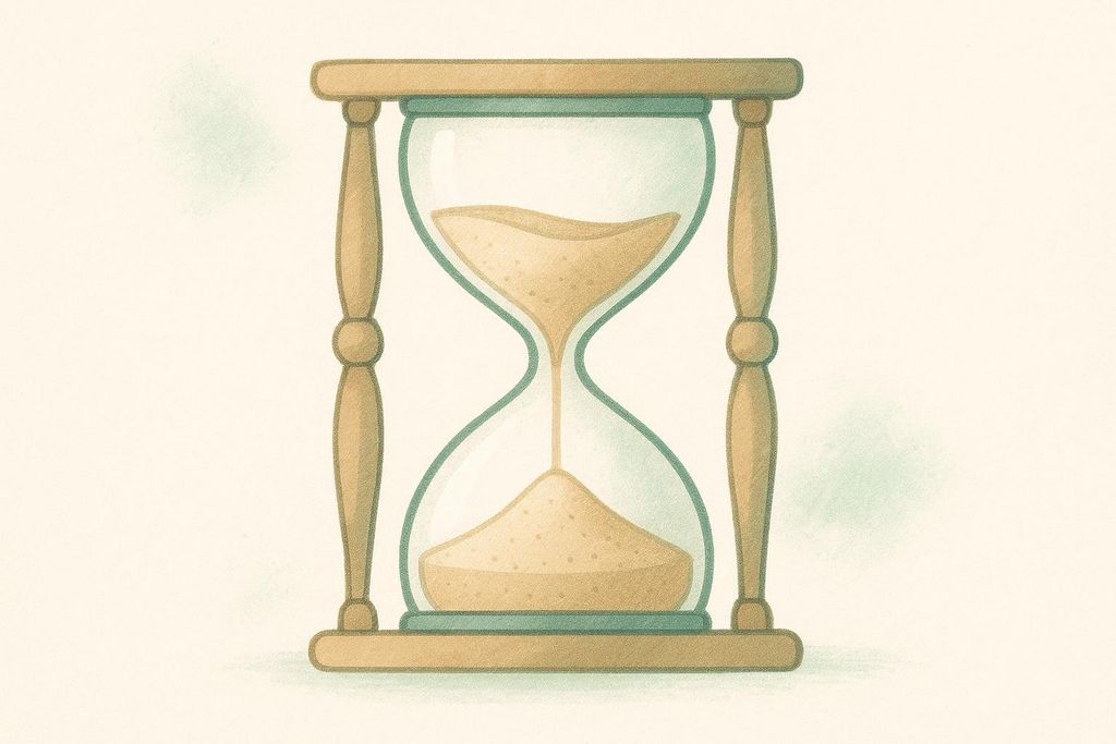 An illustration of a classic hourglass with sand flowing from the top bulb to the bottom, set against a light background.