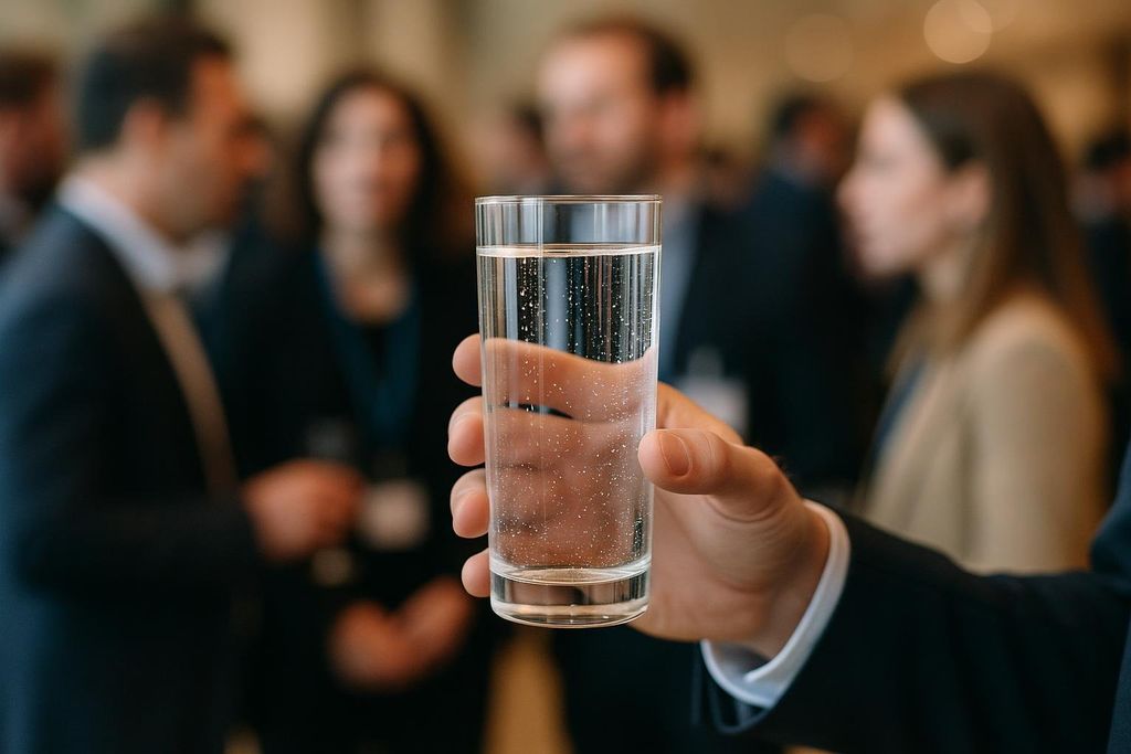 Professional holding a non-alcoholic drink at an event.