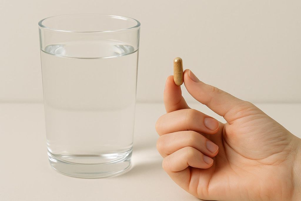 A hand holds a single light brown capsule, positioned next to a clear glass filled with water against a neutral background. This illustrates the recommendation to take medication or supplements with a sufficient amount of liquid.