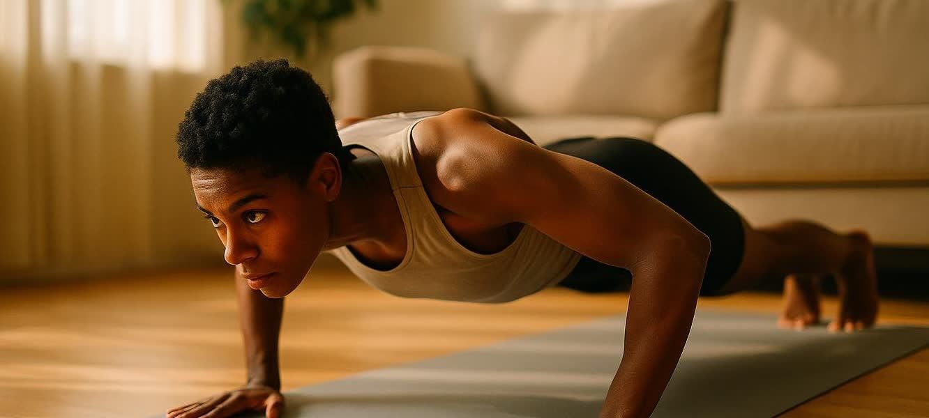 A young person with short, dark curly hair and a tan tank top performs a push-up on a grey yoga mat in a sunlit living room. Their expression is focused and determined.