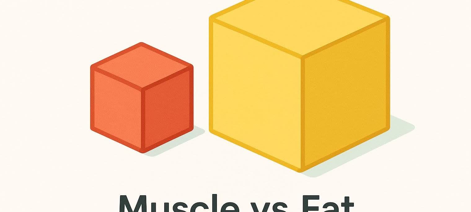 An illustration showing a smaller red cube and a larger yellow cube side-by-side. Below them, text reads 'Muscle vs Fat'. The red cube represents the volume of muscle, and the yellow cube represents the volume of fat, indicating that fat takes up more space than muscle for the same weight.
