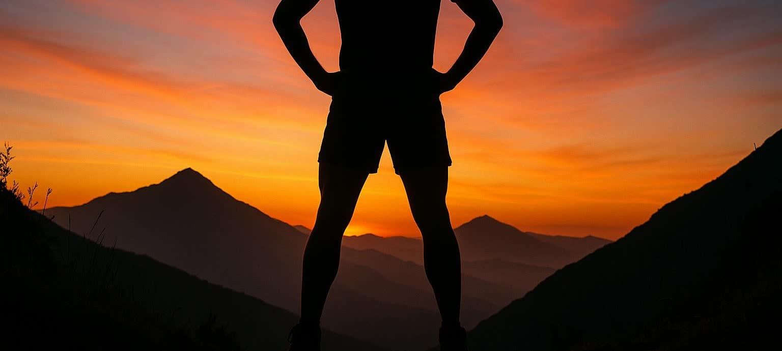A silhouette of a person standing with hands on hips against a vibrant orange and yellow sunrise over mountains.