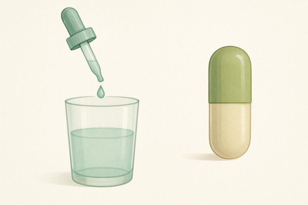 An illustration comparing a tiny drop falling from a dropper into a glass of water to a full capsule, demonstrating the difference in dosage typically found in drinks versus study medications.