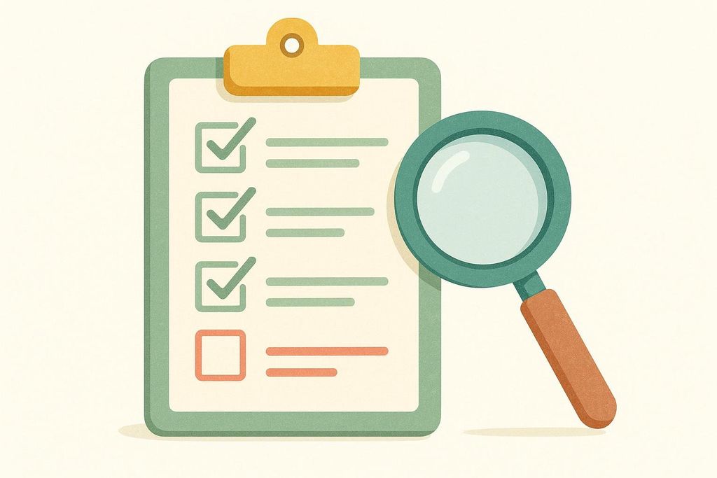 An illustration of a green clipboard with a checklist. Three items are checked off with green checkmarks, and one item has an empty red checkbox. A magnifying glass with a teal frame and a brown handle rests next to the checklist, implying inspection or searching.