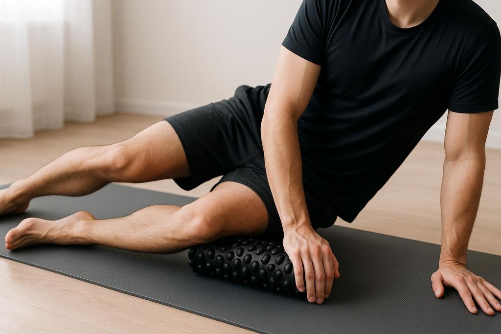 A man lies on his side on a grey yoga mat, wearing black shorts and a black t-shirt, using a black foam roller with textured bumps on his inner right thigh to massage adductor muscles. His left arm is bent to support himself, and his right hand rests on the foam roller.