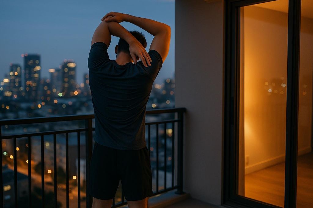 A person stretching on a balcony at dusk, with their back to the viewer, looking out over a city skyline with illuminated buildings.