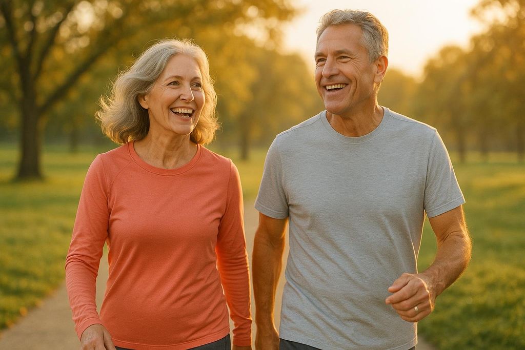 A smiling, active senior couple with grey hair walking outdoors on a path, bathed in the warm glow of a sunset. The woman on the left wears a coral long-sleeved shirt, and the man on the right wears a light grey short-sleeved shirt.