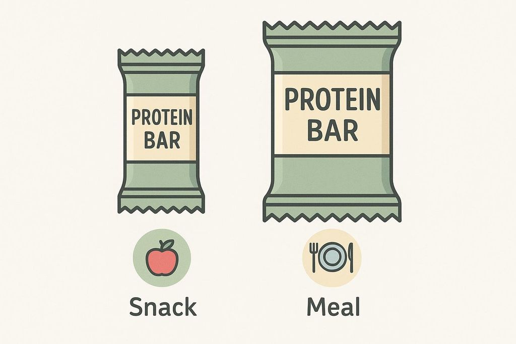 An infographic representing two sizes of protein bars. The smaller bar is labeled 'Snack' and has an apple icon below it. The larger bar is labeled 'Meal' and has a plate and cutlery icon below it, indicating it's a meal replacement.