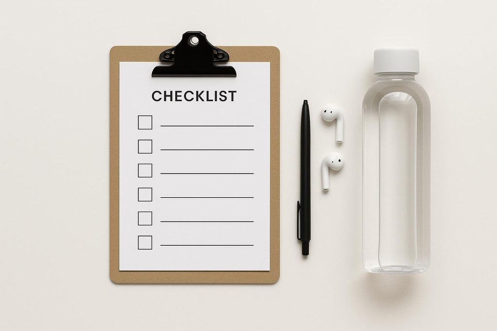 A flat lay minimalist image showing a clipboard with a 'CHECKLIST' page, a black pen, white earbuds, and a clear water bottle, suggesting preparedness for a task or activity.