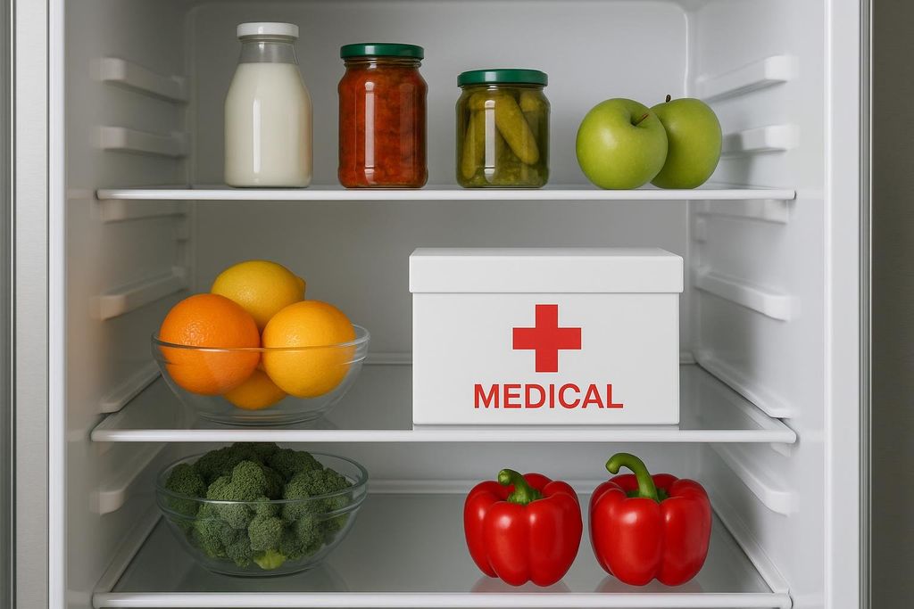 A white medical box with a red cross and "MEDICAL" text is stored on a shelf inside a refrigerator, alongside various food items like milk, green apples, lemons, oranges, broccoli, and red bell peppers.