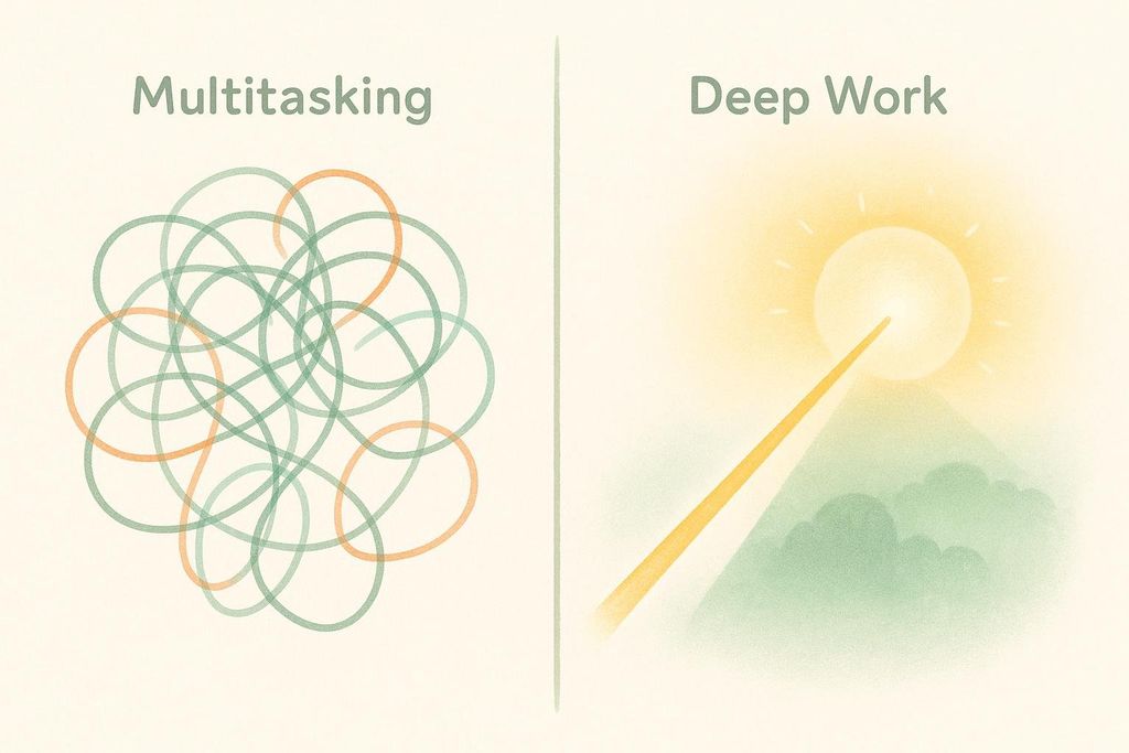 An illustration contrasting a messy, tangled path representing multitasking with a straight, clear path pointing to a bright sun, representing deep work.