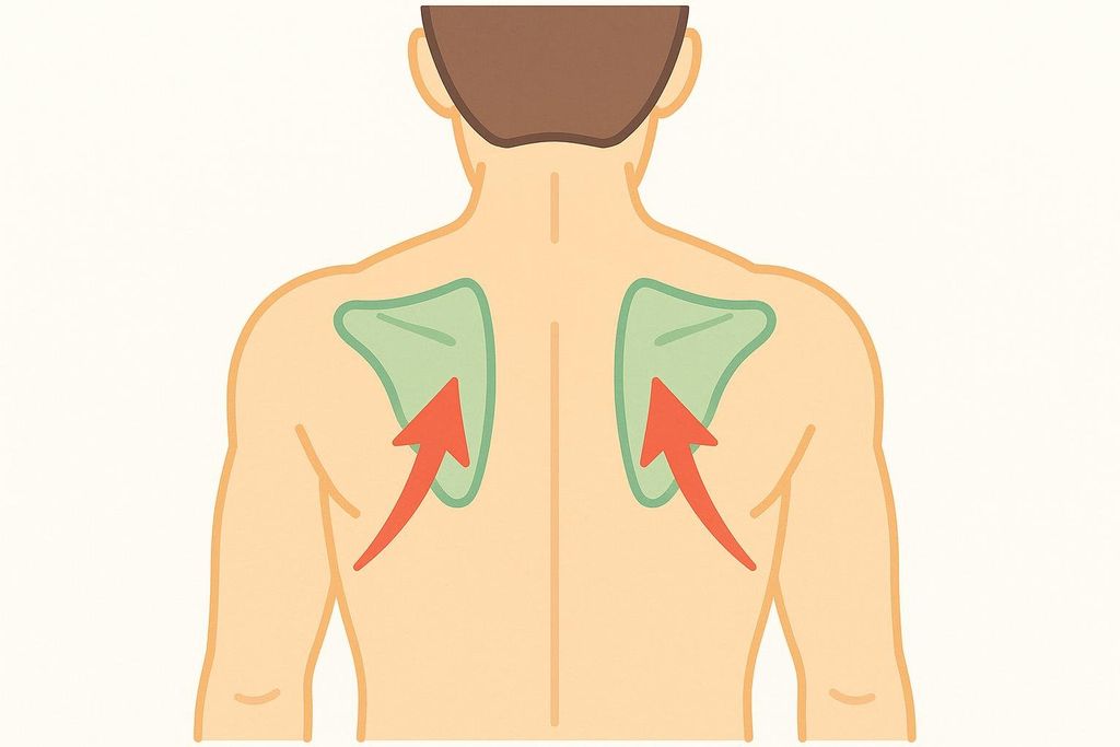 Illustration of a person's back showing shoulder blades highlighted in green, with red arrows pointing inward towards the spine, demonstrating scapular retraction.