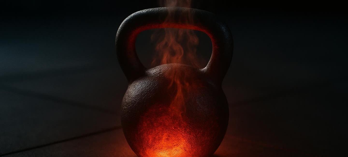 A dark, textured kettlebell glows red and orange at the bottom and has reddish plumes rising from it, symbolizing metabolic heat or intense energy.