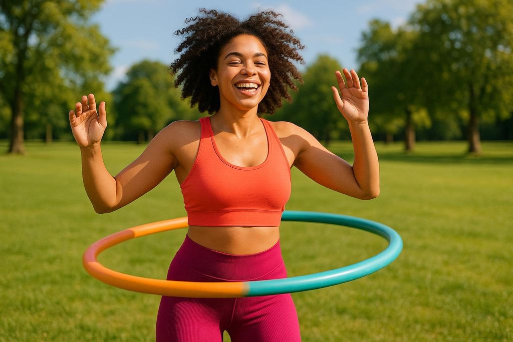 A smiling young Black woman with curly hair is hula-hooping in a sunny park. She wears an orange sports bra and magenta leggings, with a colorful orange and teal hula hoop around her waist.