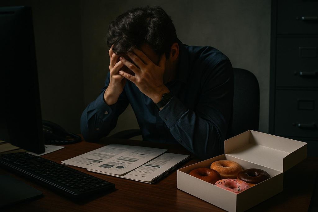 A man in a dark office, with his head in his hands, looks stressed. A box of donuts sits on the desk next to some papers, symbolizing stress-eating or unhealthy coping mechanisms.