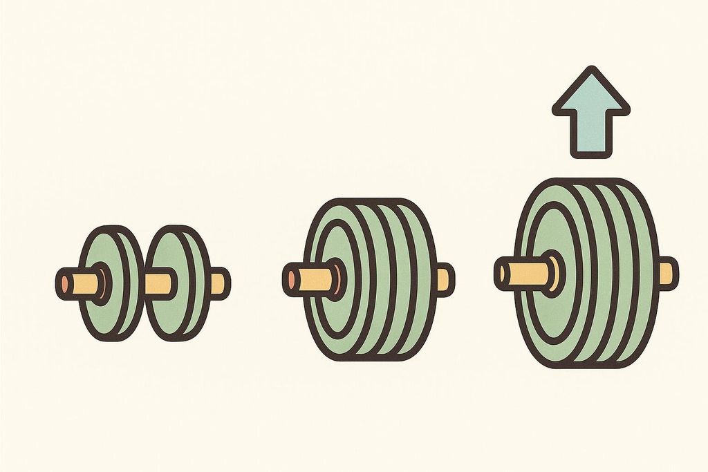 Illustration of a barbell with progressively more weight, symbolizing progressive overload in training.