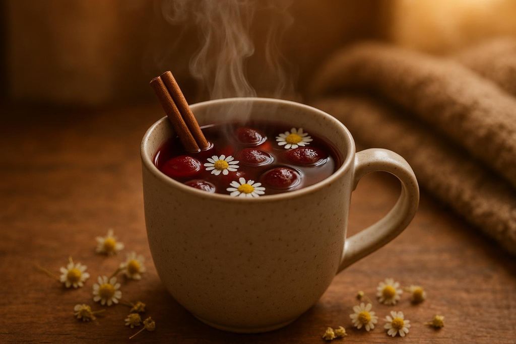 A steaming mug of dark red tea with floating cherries, chamomile flowers, and a cinnamon stick. Small chamomile flowers are scattered on the wooden surface around the mug, with a cozy brown blanket in the background.
