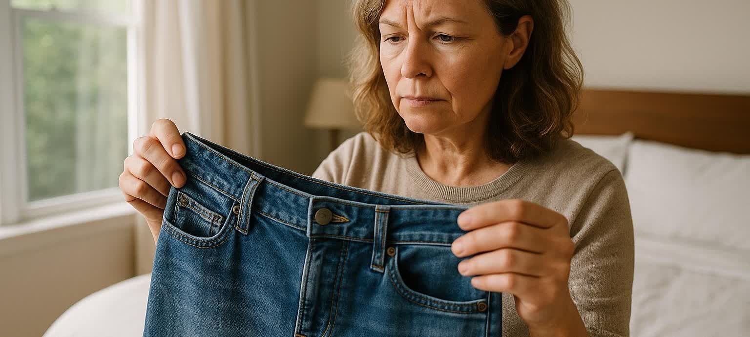A middle-aged woman with a furrowed brow, looking thoughtfully or sadly at a pair of blue jeans she is holding in a sunlit bedroom.