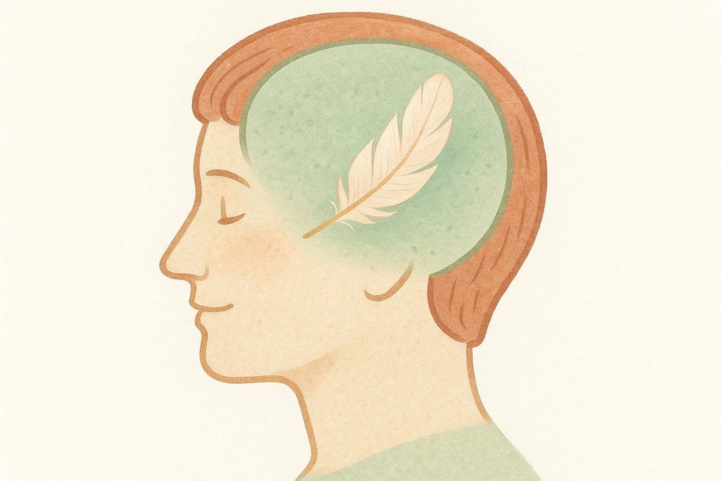 An illustration of a person's head in profile, showing a light green brain area with a single, delicate feather inside. The image represents a calm, curious, and non-judgmental mind.