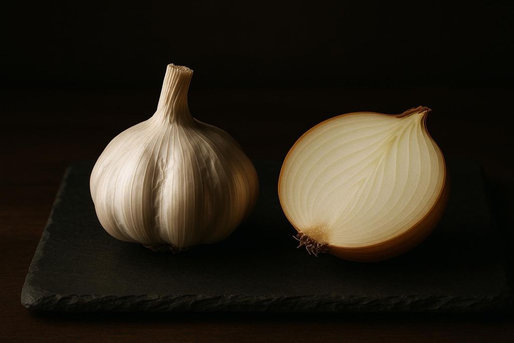 A whole head of garlic and a sliced yellow onion resting on a dark slate surface, with a black background.