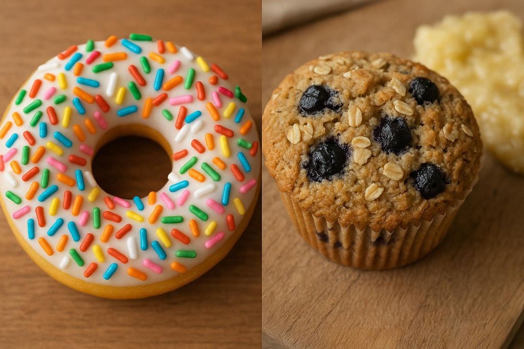 A side-by-side comparison of a colorful, sprinkle-covered donut and a healthier blueberry oat muffin, both resting on a wooden surface.