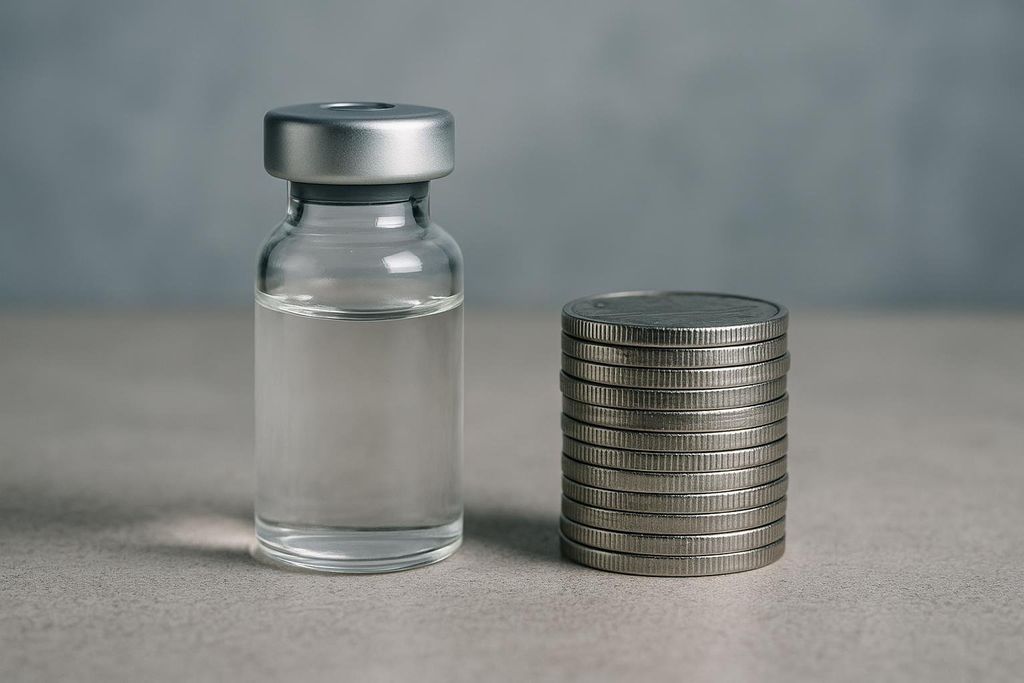 A clear medical vial with a silver cap sits next to a stacked pile of silver coins, symbolizing the cost of medical treatment or medication.