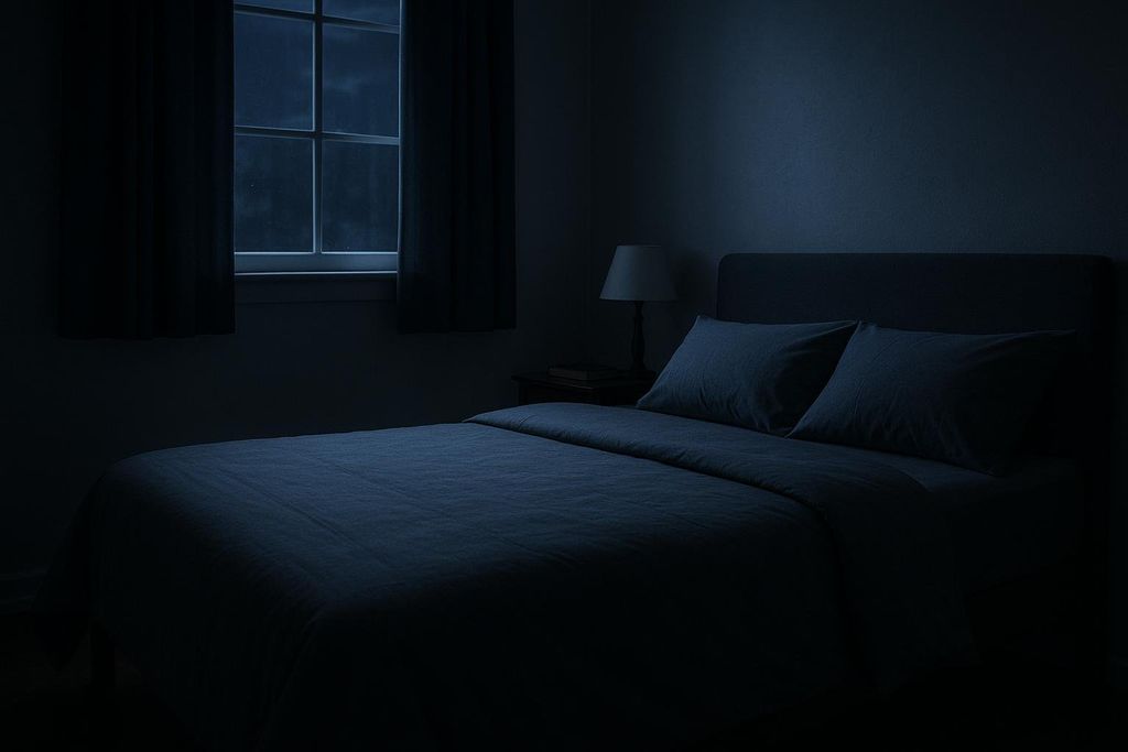 A dimly lit bedroom at night with a neatly made bed and dark blue bedding, featuring a small lamp on a nightstand beside the bed and a window with drawn curtains on the left.