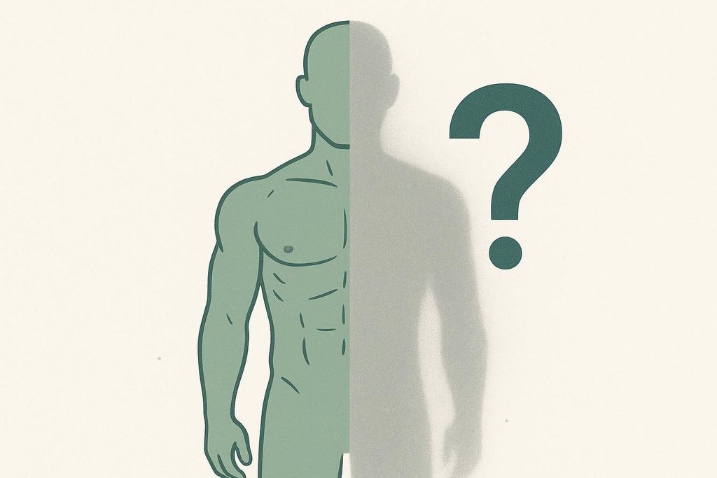 Stylized human figure, half clear and muscular, half blurred with a question mark, symbolizing uncertainty in distinguishing fat from muscle without precise tools.