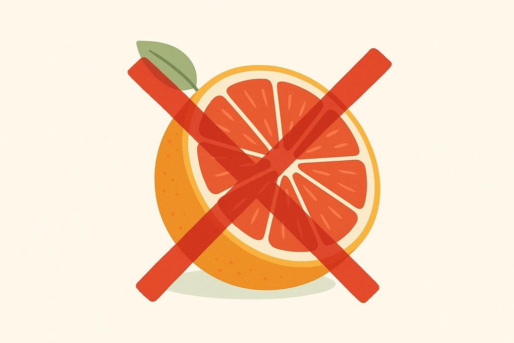 An illustration of a grapefruit crossed out by a red 'X', indicating a warning against its consumption when taking buspirone.