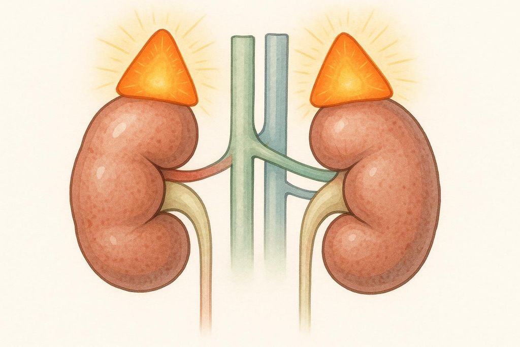 Diagram of kidneys with glowing adrenal glands representing the stress response.