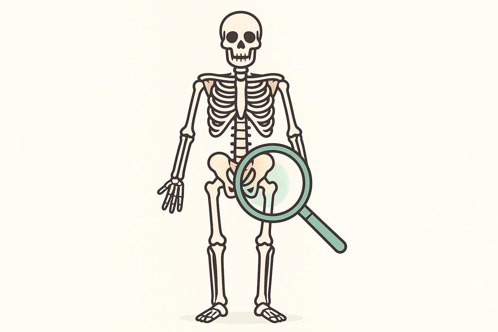 An illustration of a skeleton with a magnifying glass highlighting the hip and spine bones, representing a diagnostic bone density test.