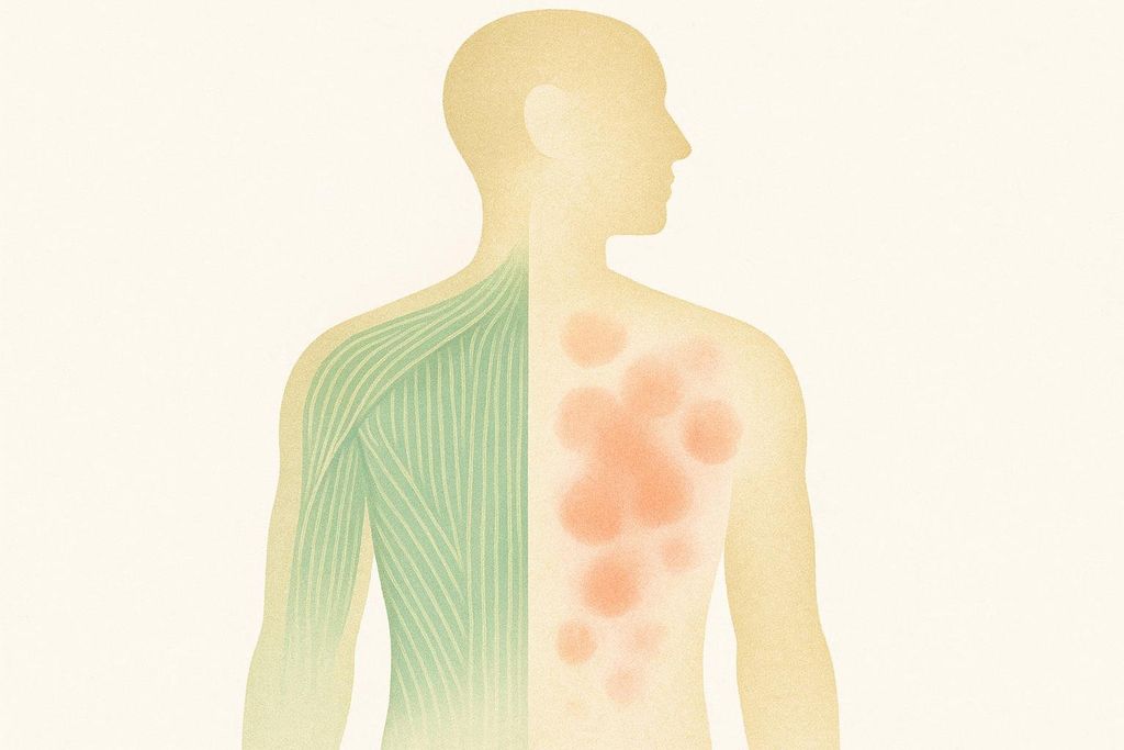 Abstract illustration of a human torso showing a side-by-side comparison of muscle and fat distribution. The left side (from the viewer's perspective) shows green, linear patterns representing muscle, while the right side displays red, circular shapes representing fat, suggesting a process of body recomposition.