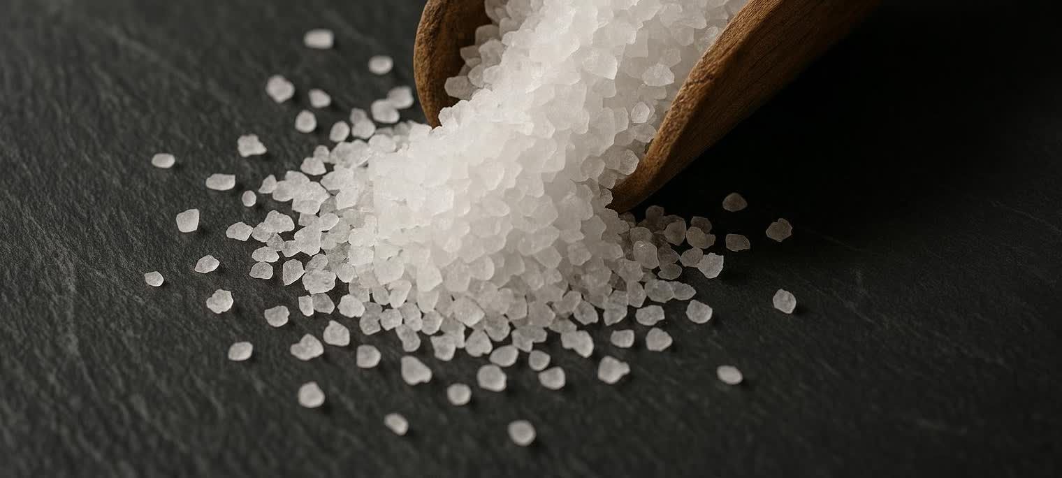 A close-up photograph of white Epsom salt crystals spilling from a wooden scoop onto a dark slate background, highlighting their crystalline texture.
