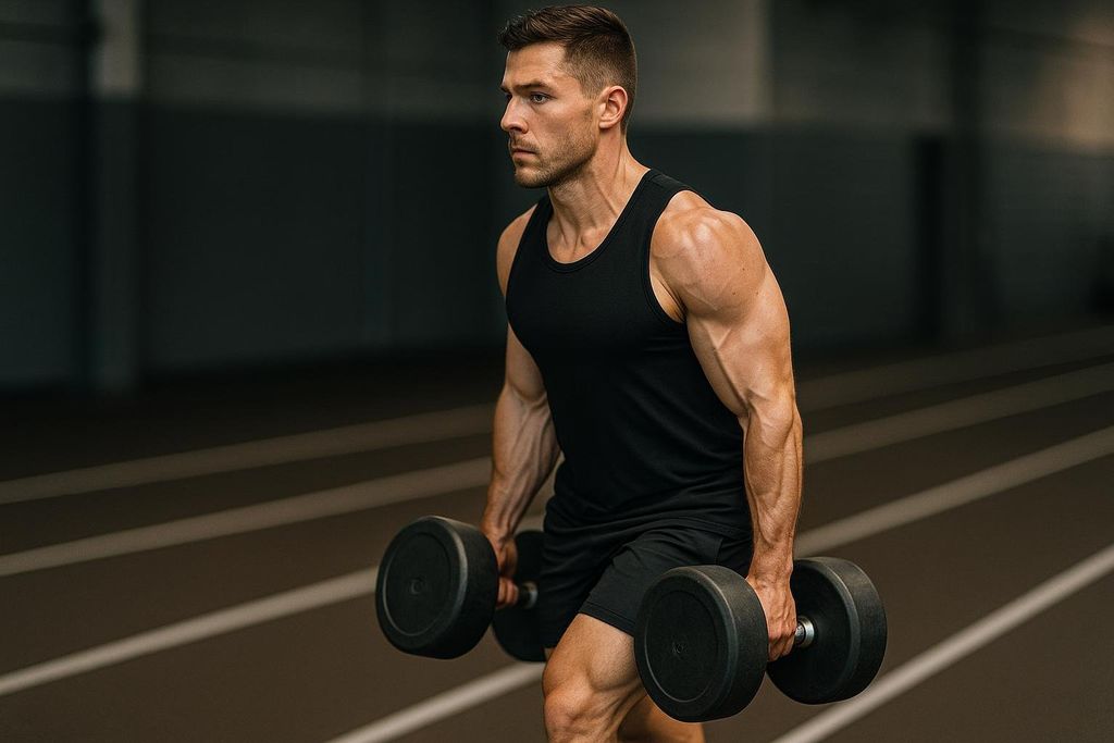A muscular man in a black tank top and shorts demonstrates proper form during a farmer's carry with heavy black dumbbells in a gym, focusing on posture and trap engagement.