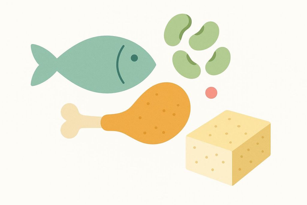 Stylized icons of diverse protein sources including fish, chicken, beans, and tofu.