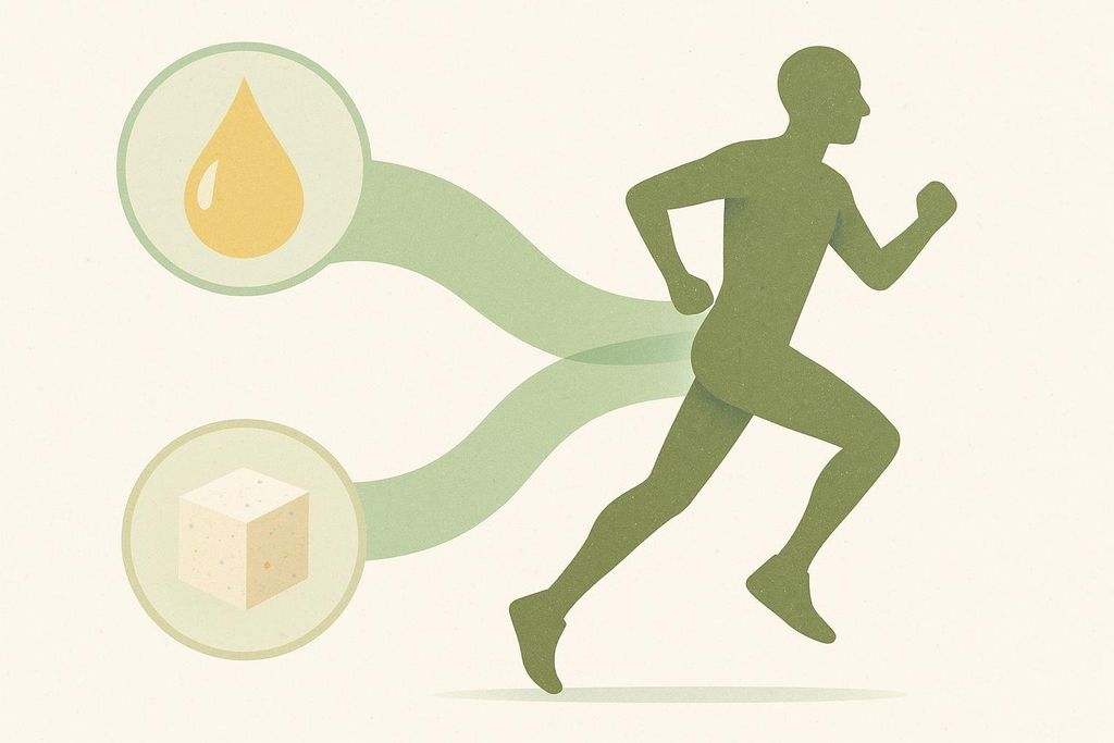 An abstract diagram illustrating fat preference over glucose for fuel during moderate-intensity exercise. A green silhouette of a person running has two wavy green lines extending from their back left towards two circles: a larger, yellower line connects to a droplet icon (representing fat), and a smaller, paler line connects to a cube icon (representing glucose).