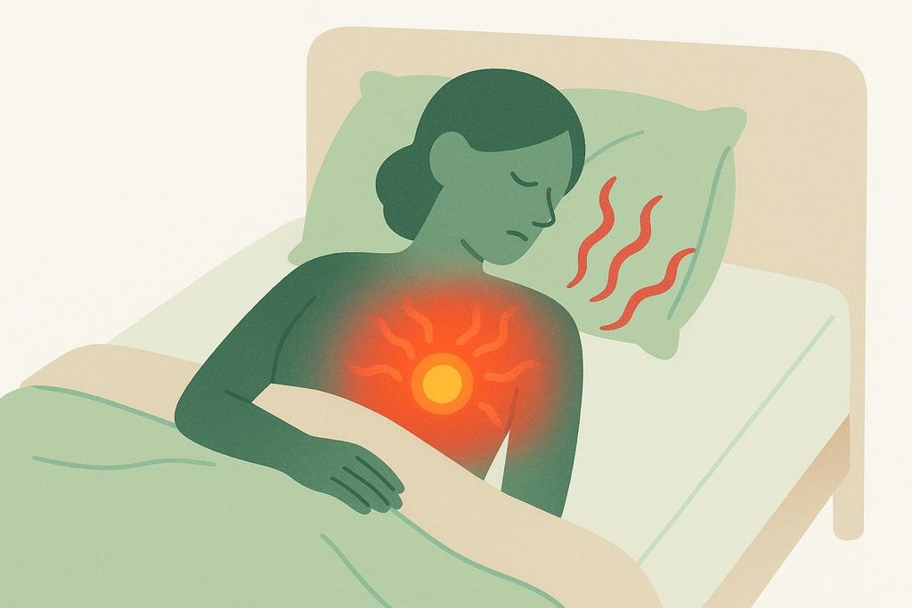 Illustration of a person with green skin lying in bed, appearing unwell, with a radiating red and yellow sun-like symbol on their chest, indicating heat or discomfort. Red wavy lines emanate from the pillow behind their head, further symbolizing heat or fever.