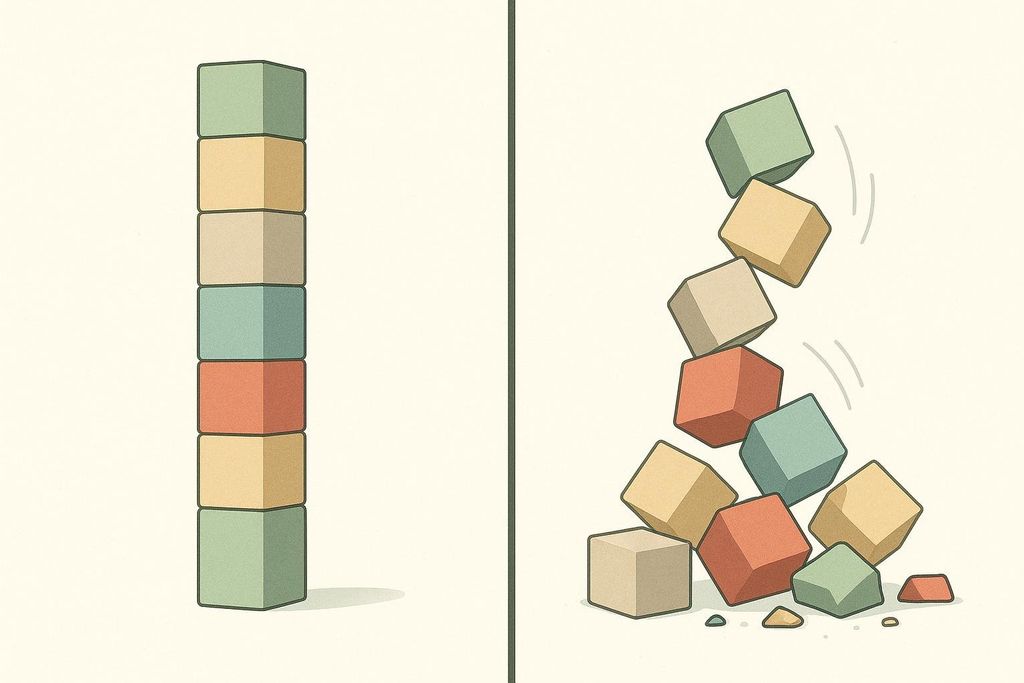 An illustration contrasting a perfectly stacked tower of blocks with an identical tower collapsing because of one misplaced block, symbolizing the concept of all-or-nothing thinking.