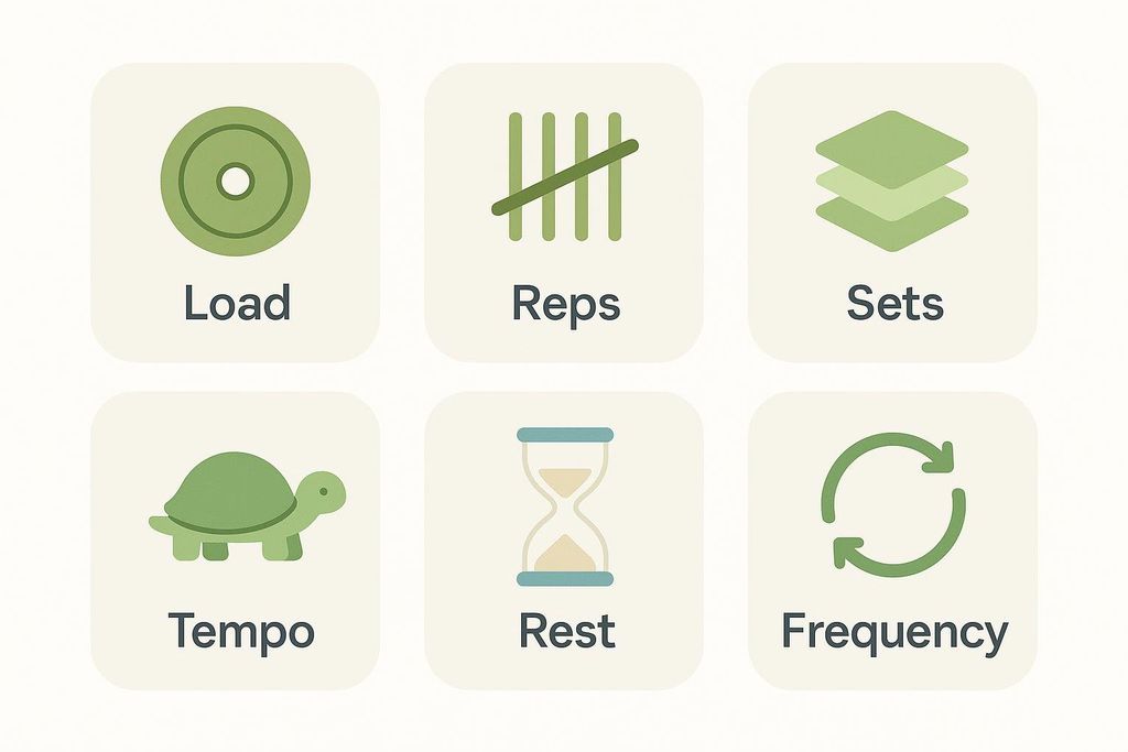 An infographic illustrating six progressive overload variables: Load represented by a weight plate, Reps by tally marks, Sets by stacked layers, Tempo by a tortoise, Rest by an hourglass, and Frequency by a circular arrow.