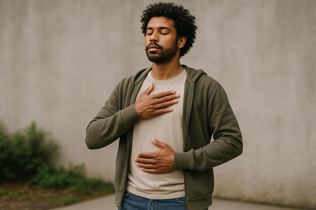 A man with dark curly hair and a beard, wearing an olive green hoodie and beige t-shirt, stands with his eyes closed. He has one hand on his upper chest and the other on his abdomen, demonstrating focused breathing.