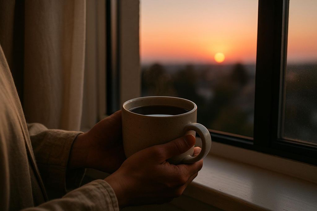 Hands holding a warm mug near a window at sunset
