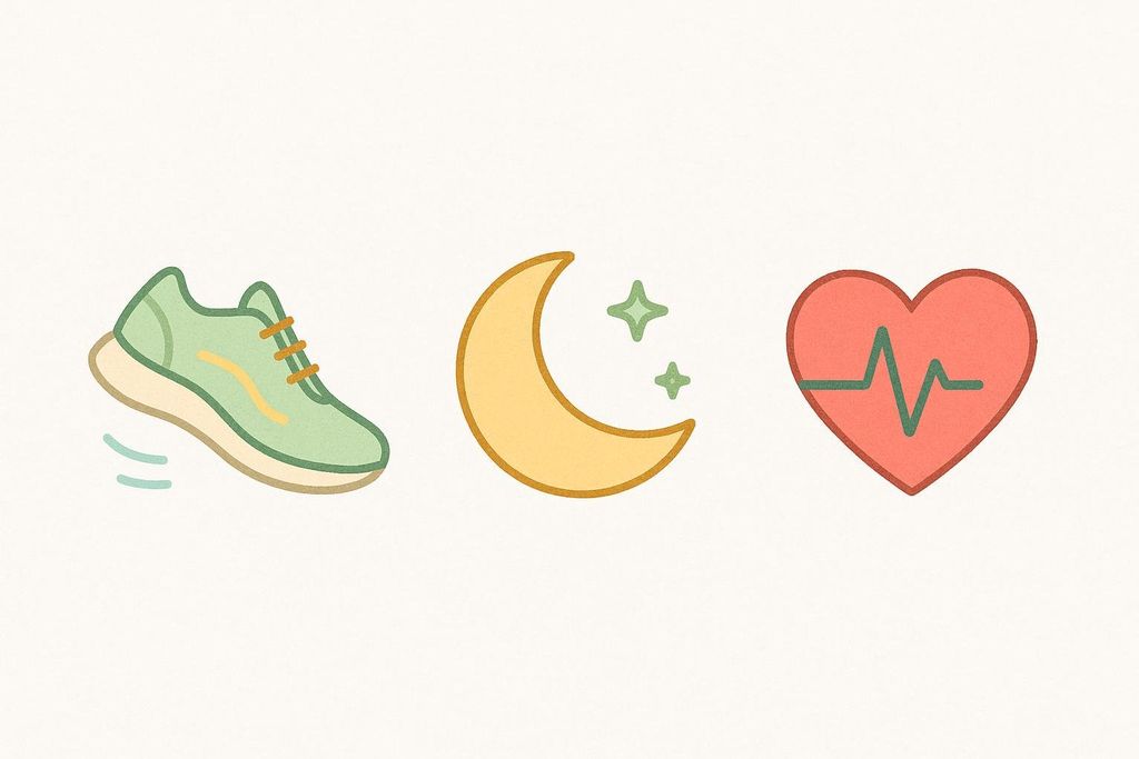Three icons representing fitness goals: a green running shoe for performance, a crescent moon with stars for sleep, and a red heart with an ECG line for recovery.